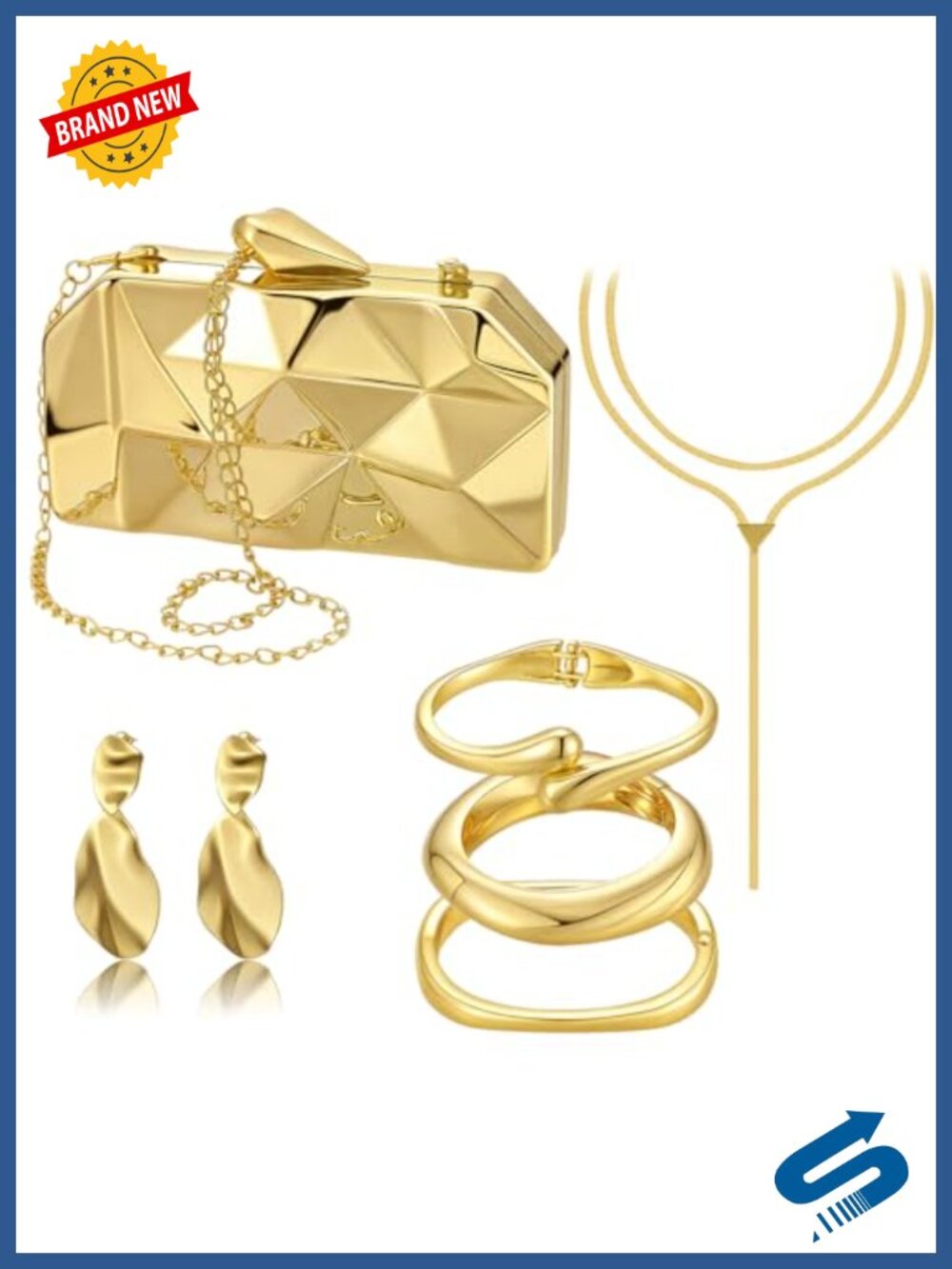 Gold Clutch Purse Jewelry Set 6 Pc Acrylic Handbag Necklace Bracelet Earrings